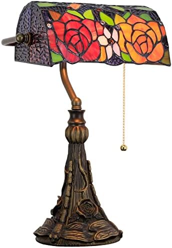 RHLAMPS Banker Lamp Tiffany Desk Lamp Red Yellow Rose Style Stained Glass Table Lamp, 15" Tall Memory Adjustable Piano Lamp, Luxury Bedside Night Light for Living Room Bedroom