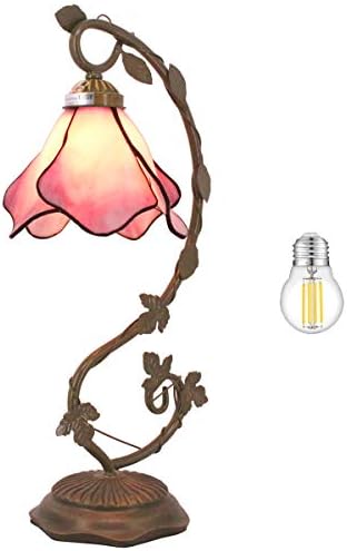 WERFACTORY Tiffany Lamp Pink Stained Glass Table Lamp, Metal Leaf Table Desk Reading Light 8X10X21 Inches Decor Small Space Bedroom Home Office S701 Series